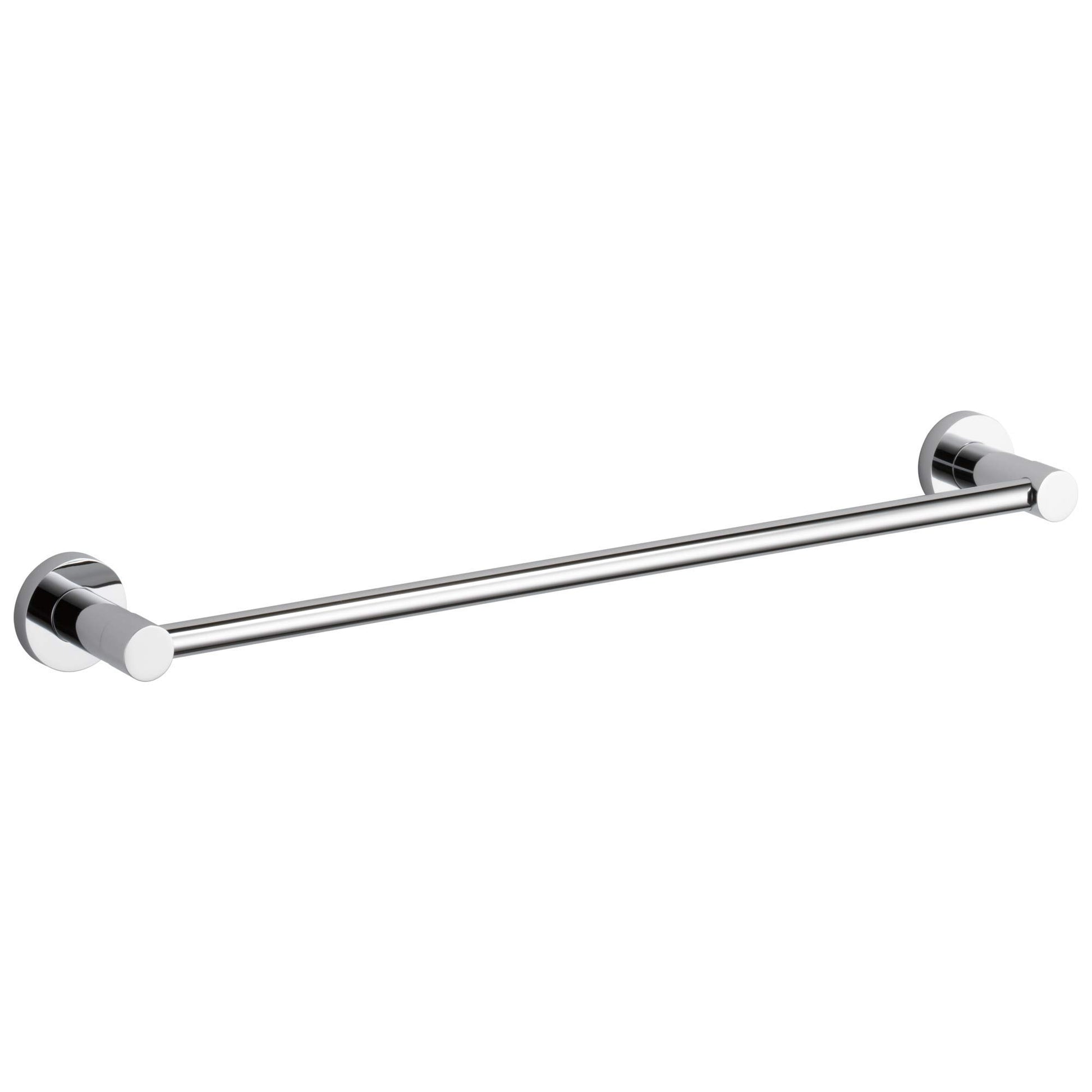 Chrome single towel bar with cylindrical wall mounts on each end.