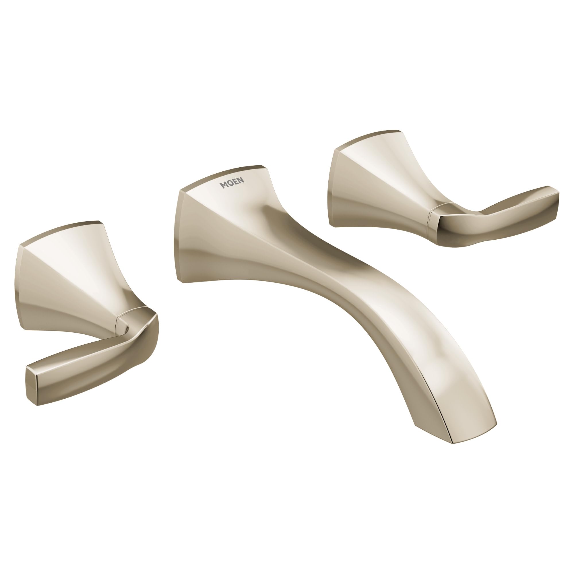 Polished nickel two-handle wall mount bathroom faucet trim with curved spout and lever handles.