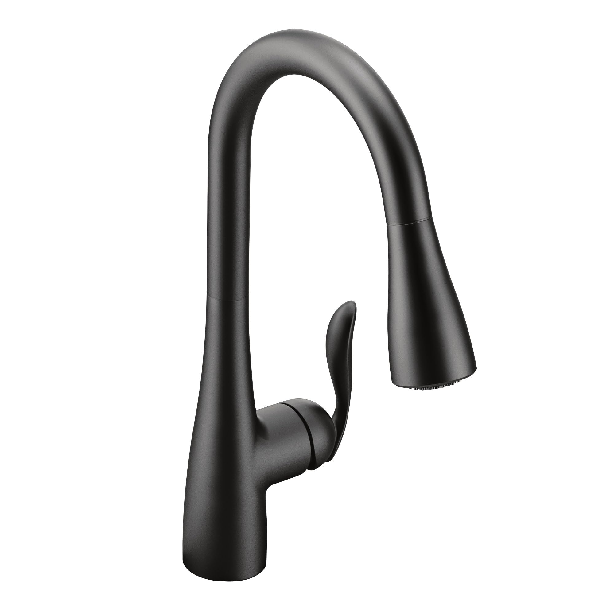 Matte black kitchen faucet with tall curved spout, single lever handle, and pull-down sprayer head.