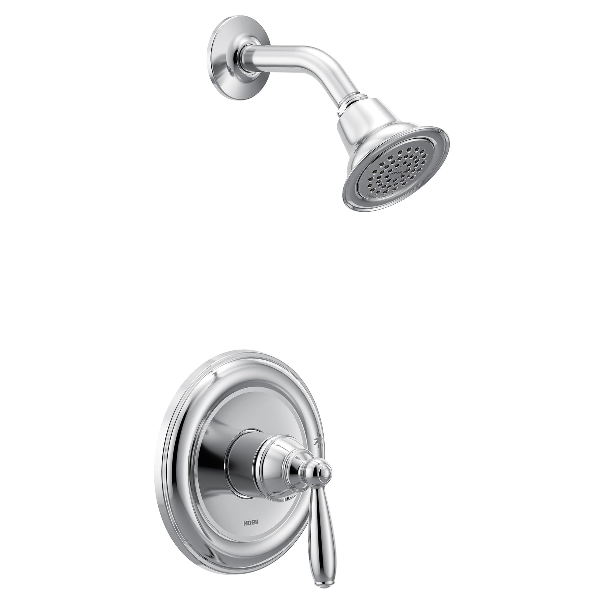 Chrome tub and shower trim kit with single handle lever valve and showerhead with perforated face.