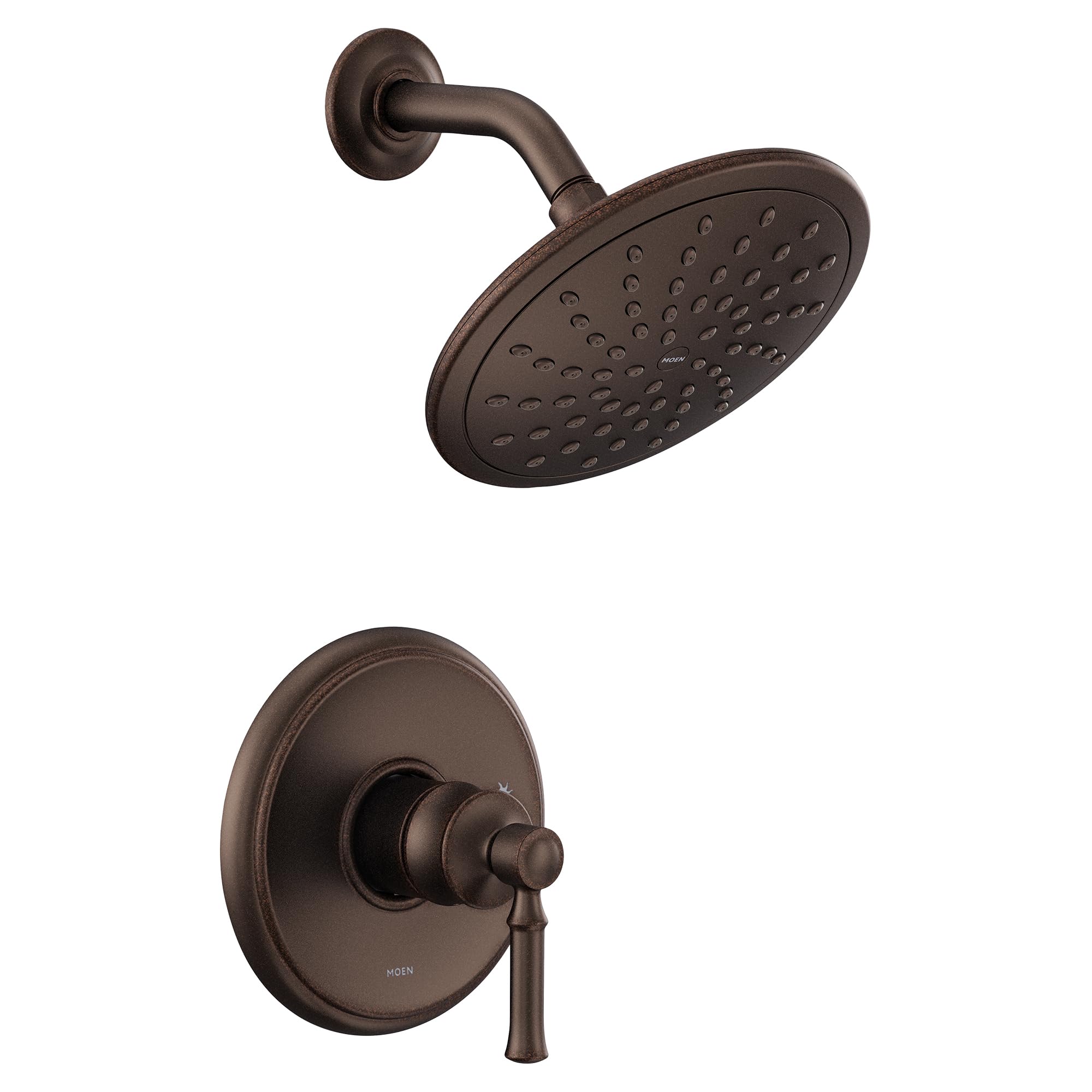 Oil rubbed bronze shower trim kit with single handle lever, round showerhead, and curved arm.