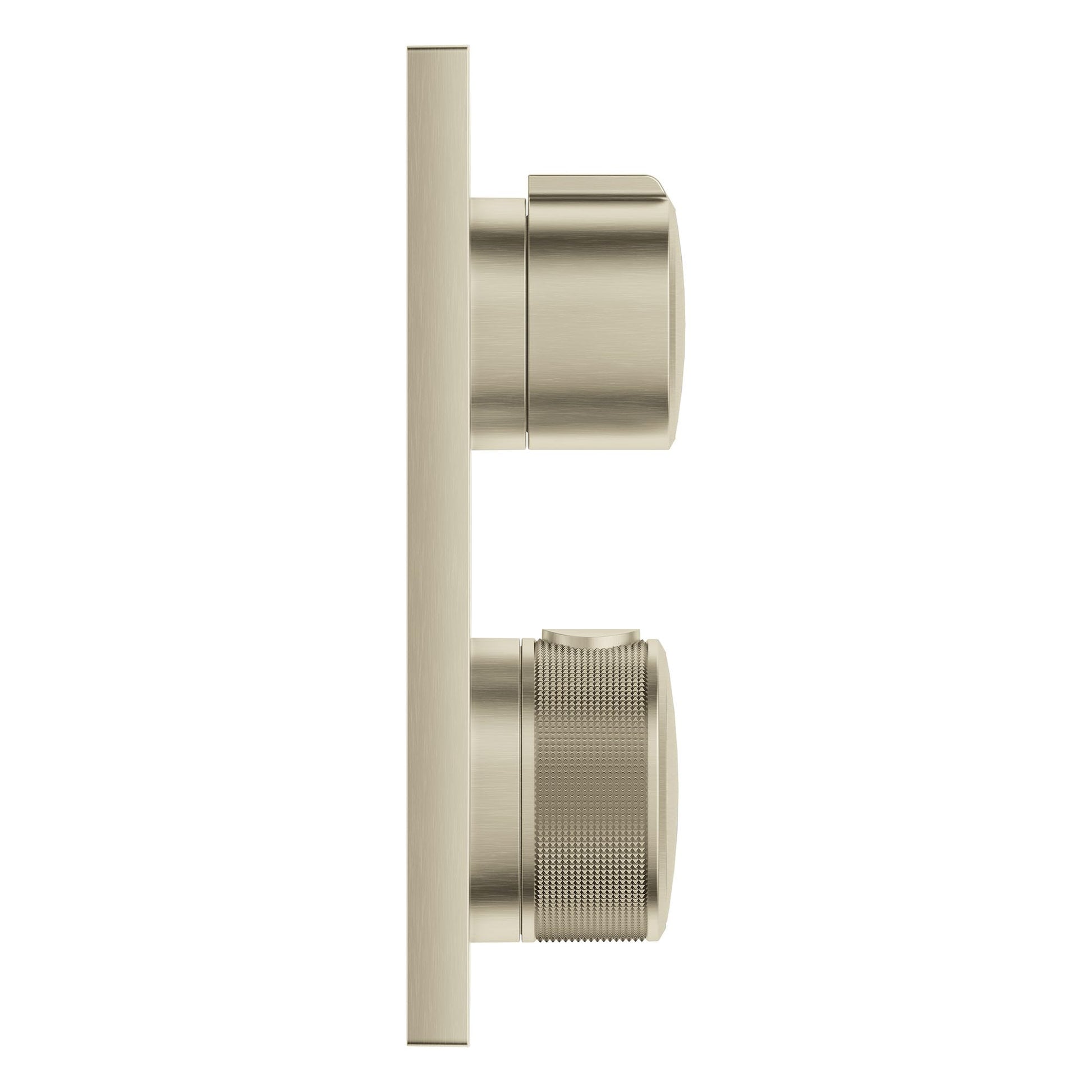 Grohe Allure brushed cool sunrise dual function thermostatic valve trim with two cylindrical handles on vertical rectangular 