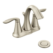 Brushed nickel two-handle bathroom faucet with curved spout and separate valve handles, includes drain plug.
