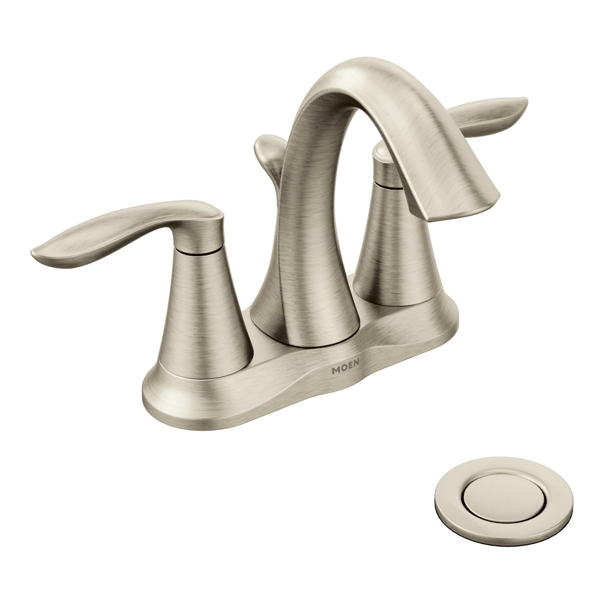 Brushed nickel two-handle bathroom faucet with curved spout and separate valve handles, includes drain plug.