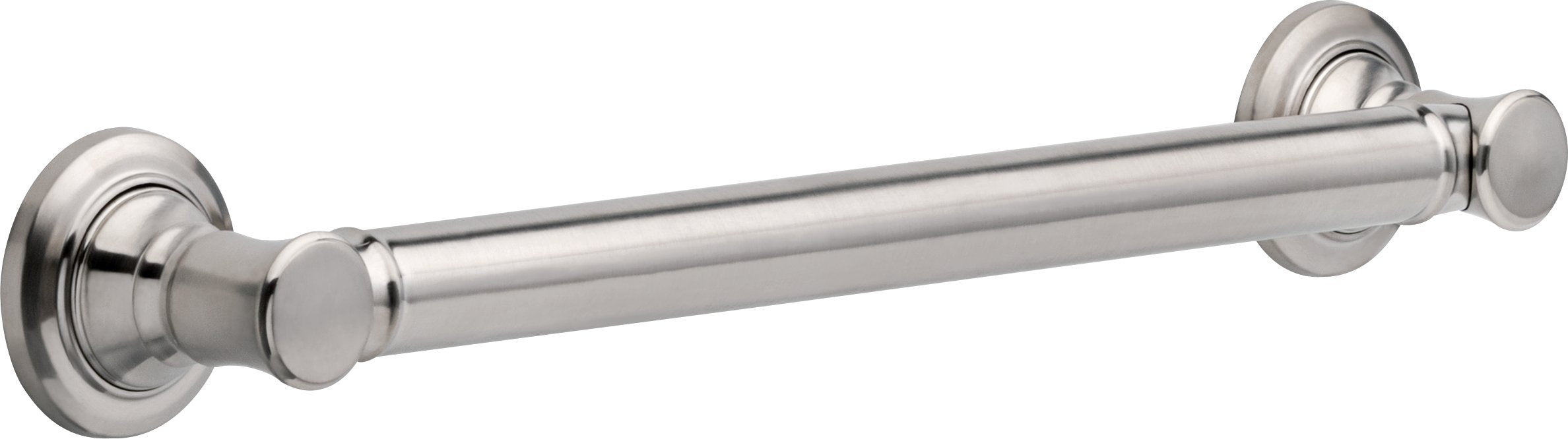 Stainless steel grab bar with decorative round mounting flanges on both ends.