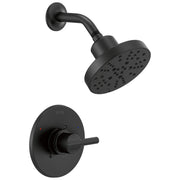 Matte black shower head with angled arm and wall-mounted valve control featuring single lever handle.