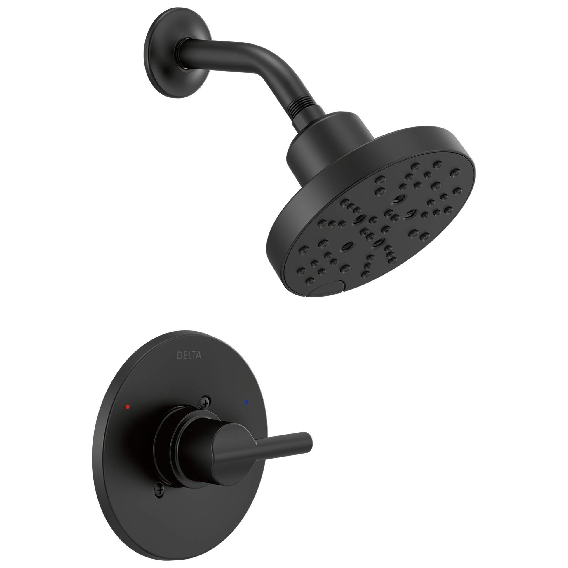Matte black shower head with angled arm and wall-mounted valve control featuring single lever handle.