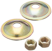 Two brass-finish domed washers with center holes and two hexagonal nuts displayed against white background.