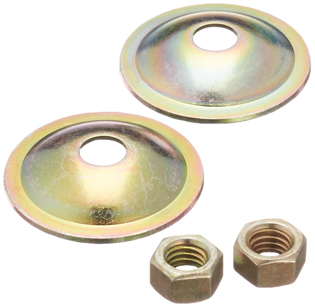 Two brass-finish domed washers with center holes and two hexagonal nuts displayed against white background.