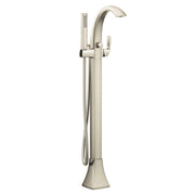 Brushed nickel freestanding tub filler with curved spout, single handle, and attached handheld showerhead with hose.