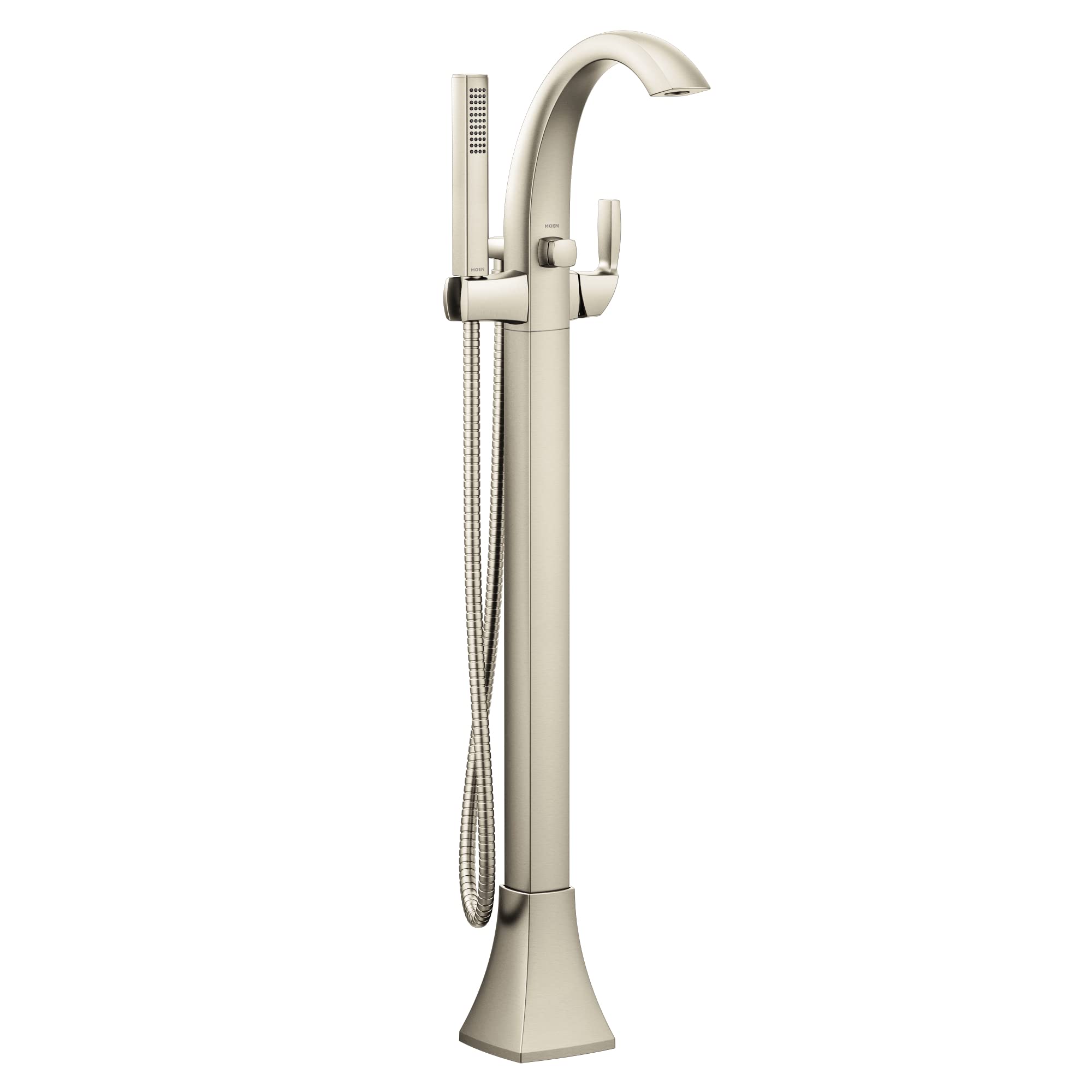 Brushed nickel freestanding tub filler with curved spout, single handle, and attached handheld showerhead with hose.