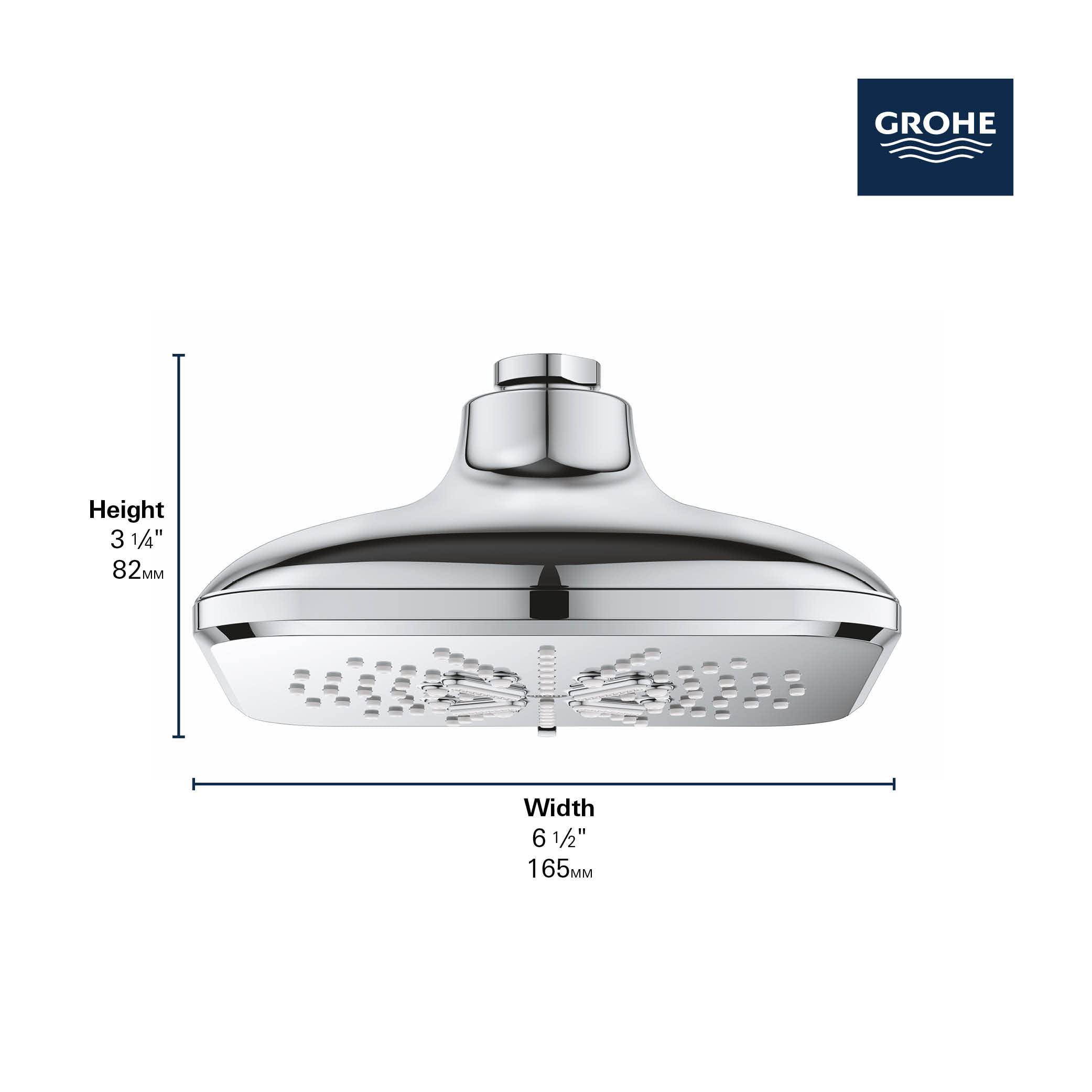 Chrome rainfall showerhead with square face and perforated spray pattern, mounted on curved arm with control knob.