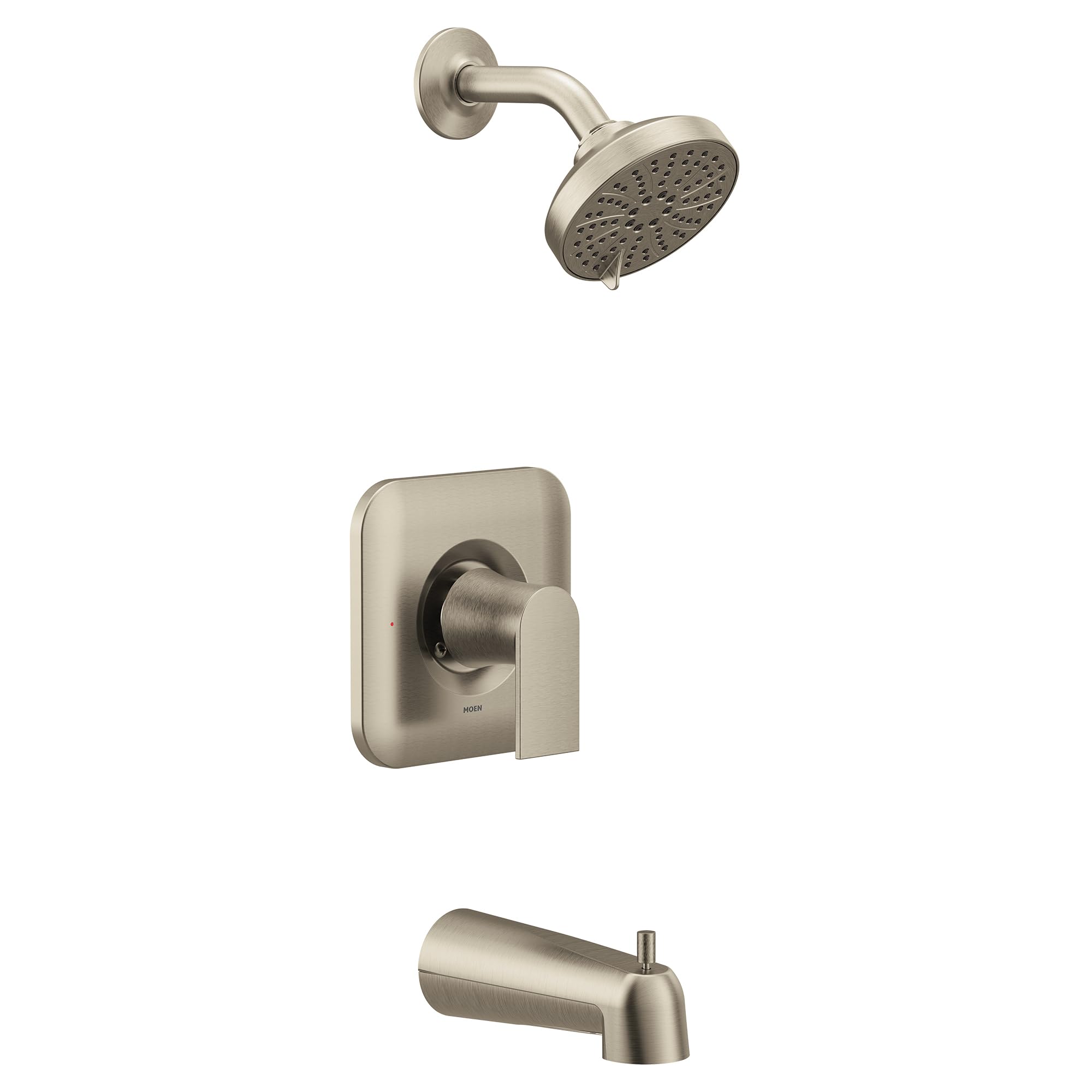 Brushed nickel tub and shower trim kit with round showerhead, wall-mounted valve trim, and tub spout.