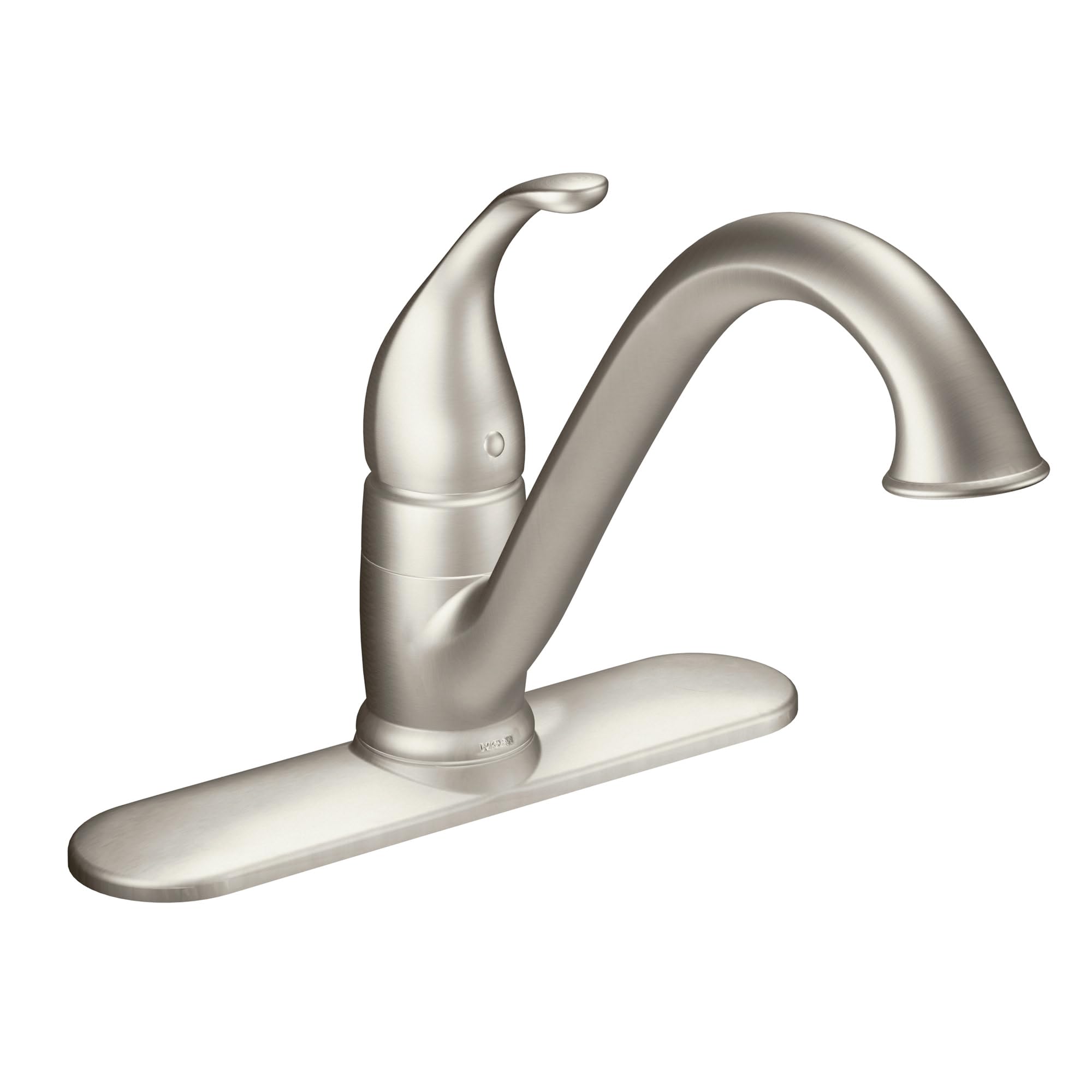 Stainless steel single-handle kitchen faucet with curved spout and wide deck plate.
