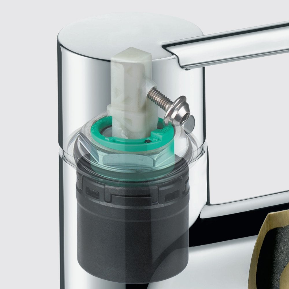 Steel Optic kitchen faucet cartridge assembly with turquoise and black components inside clear housing.