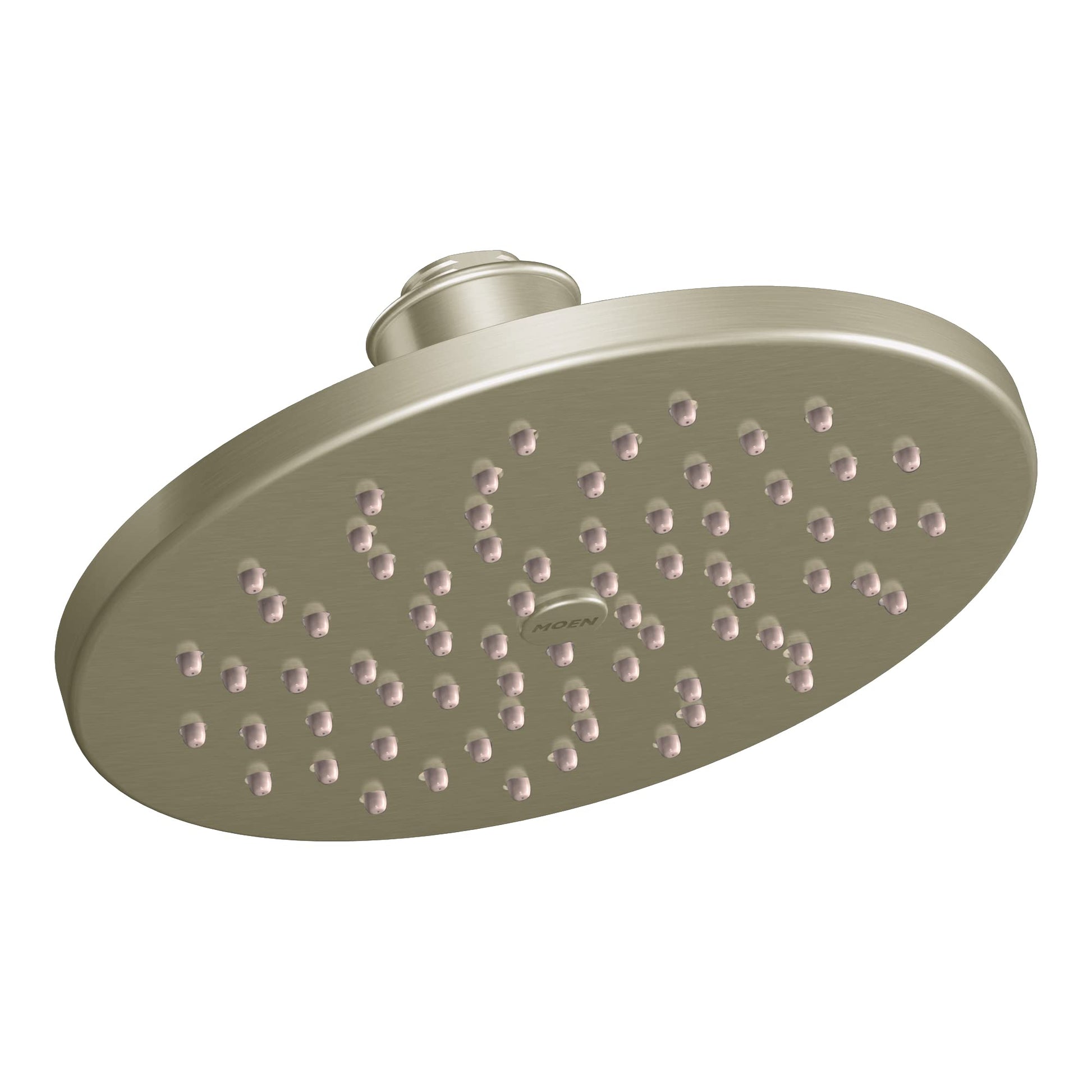 Brushed nickel rainshower showerhead with multiple spray holes and ceiling mount connector.