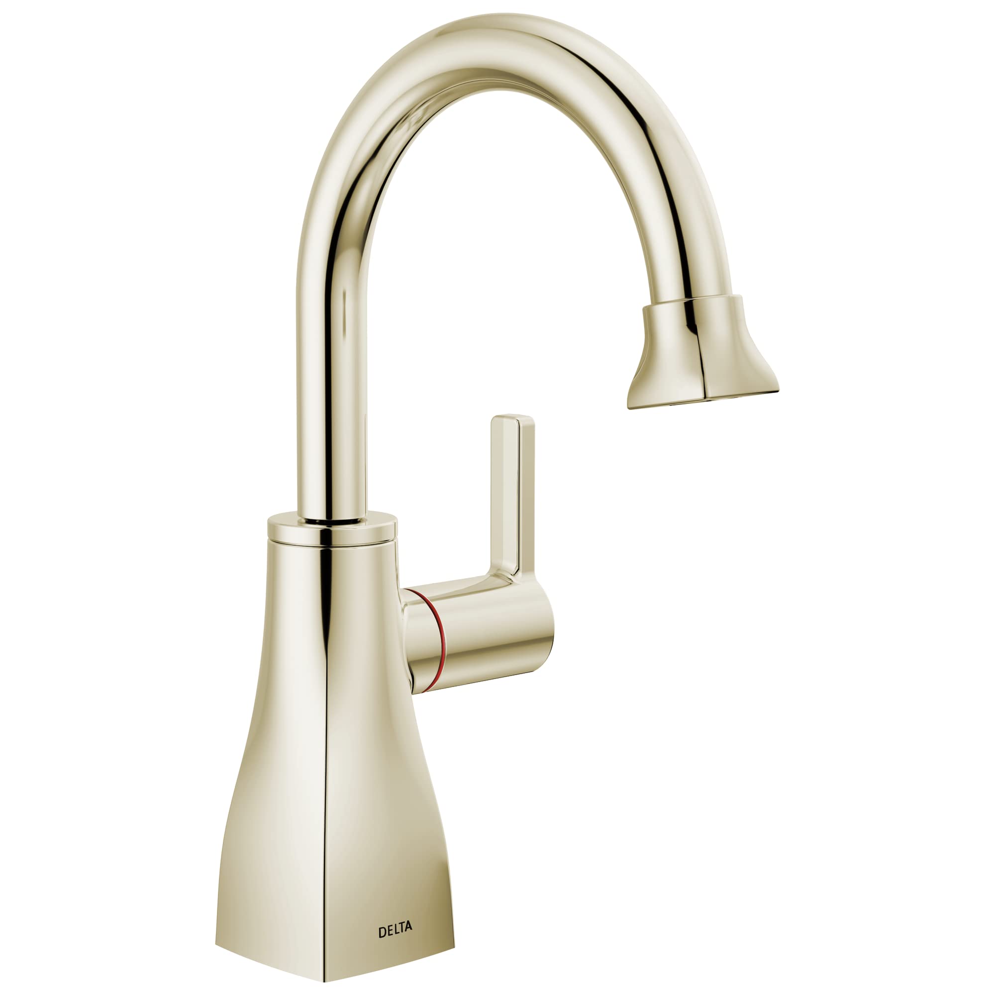 Polished nickel instant hot water dispenser with curved spout, square base, and single lever handle.