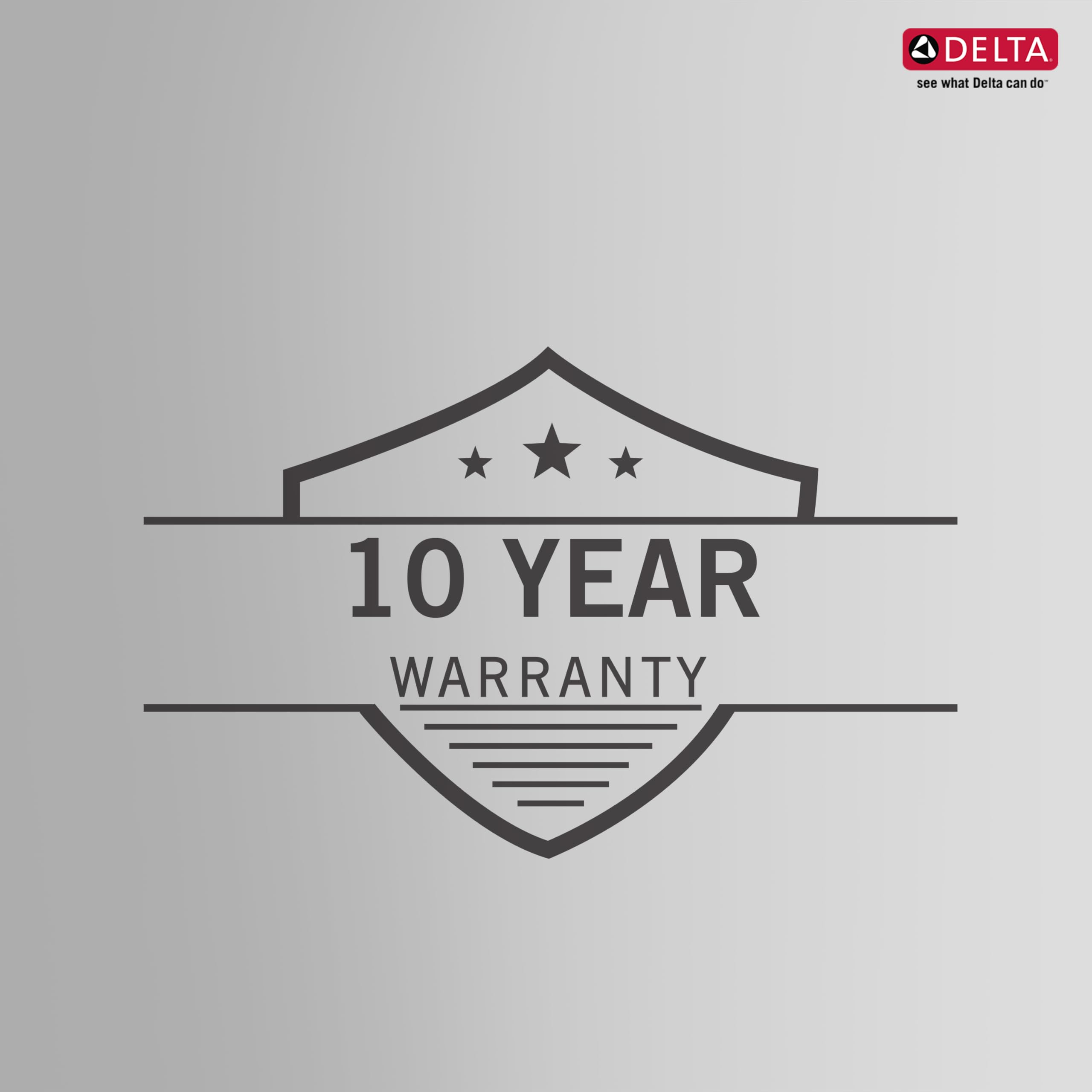 Delta logo and 10-year warranty shield badge with three stars on gray background.