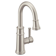 Stainless steel pulldown bar faucet with single handle and curved spout in brushed finish.