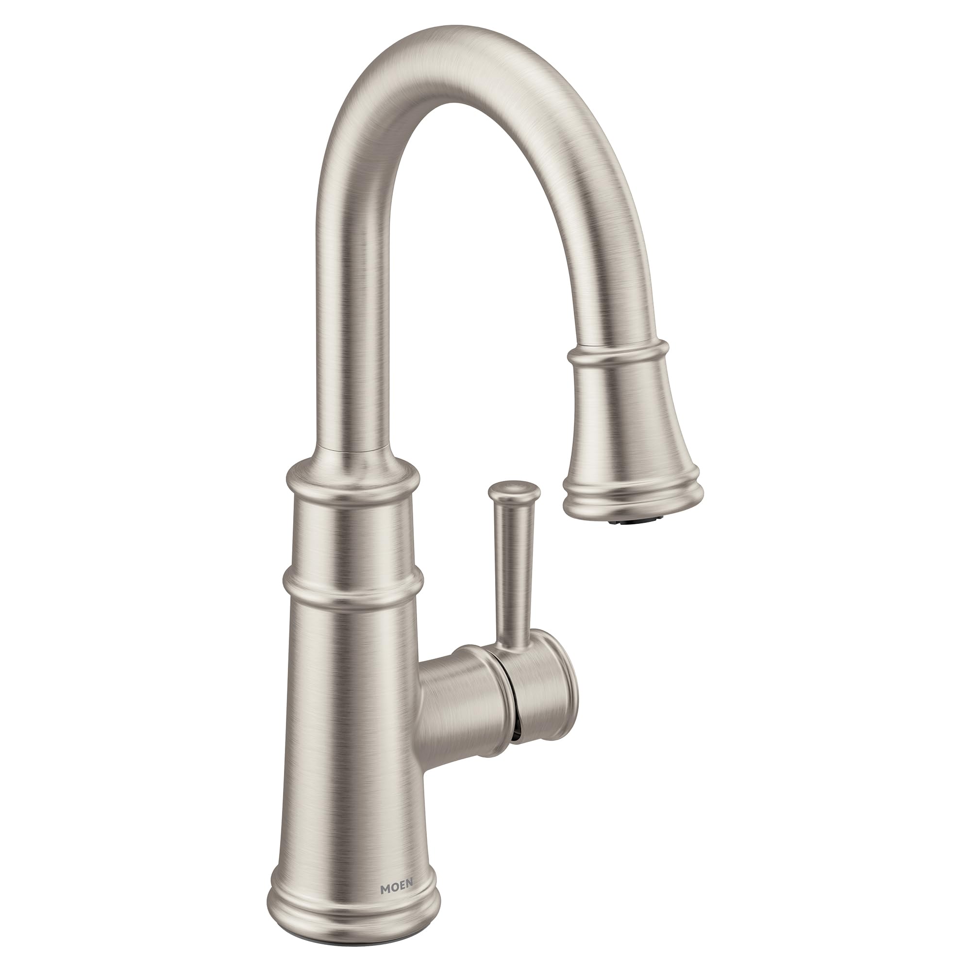 Stainless steel pulldown bar faucet with single handle and curved spout in brushed finish.