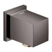 Dark gray rectangular wall union connector with Grohe branding and brass outlet detail.