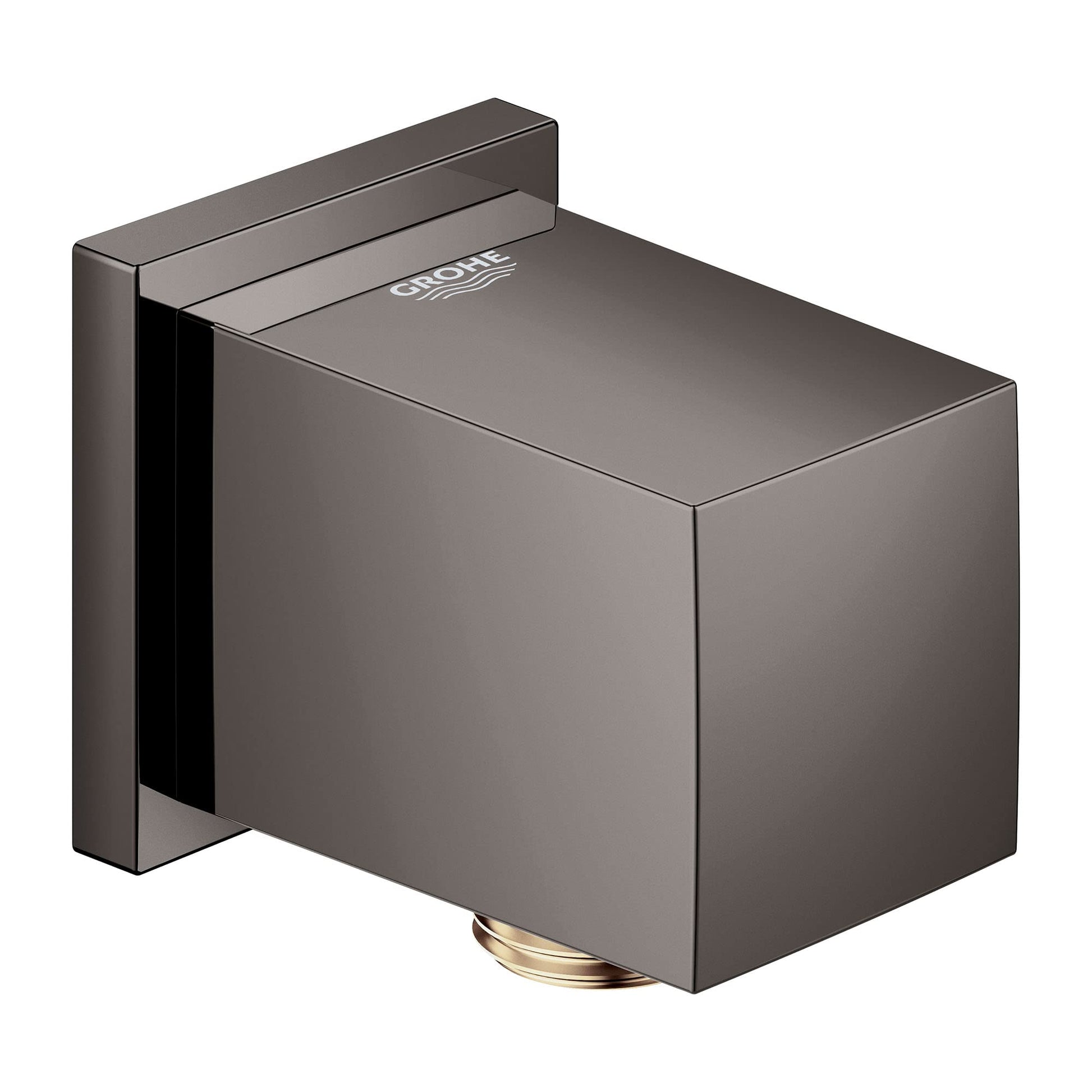 Dark gray rectangular wall union connector with Grohe branding and brass outlet detail.