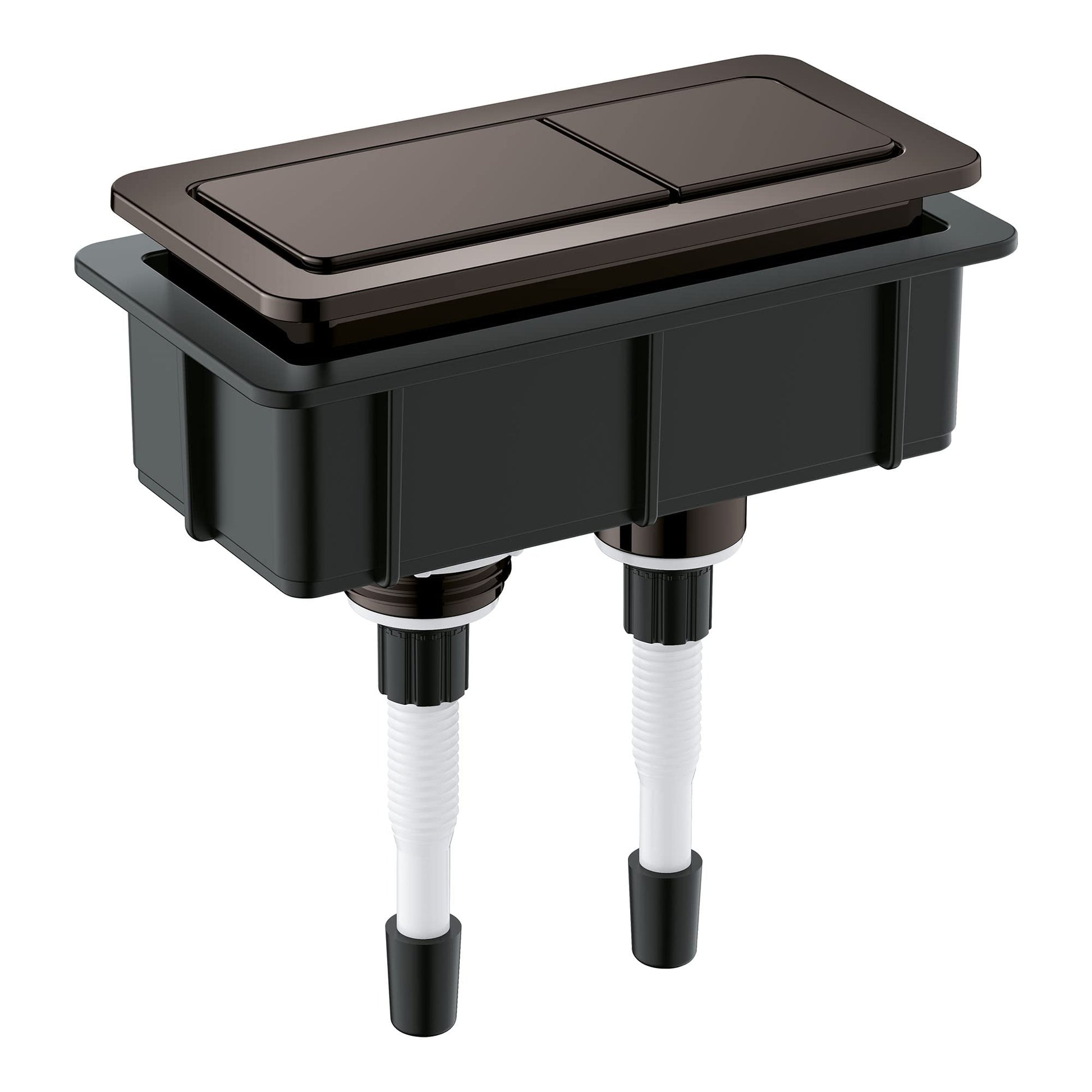 Dark graphite dual flush toilet actuator with two rectangular buttons and black mounting base with white connectors.