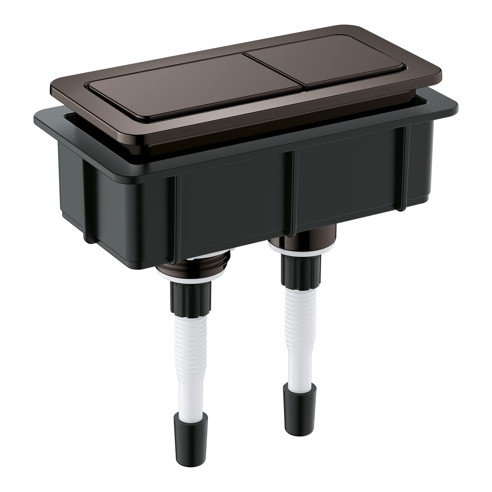 Dark graphite dual flush toilet actuator with two rectangular buttons and black mounting base with white connectors.