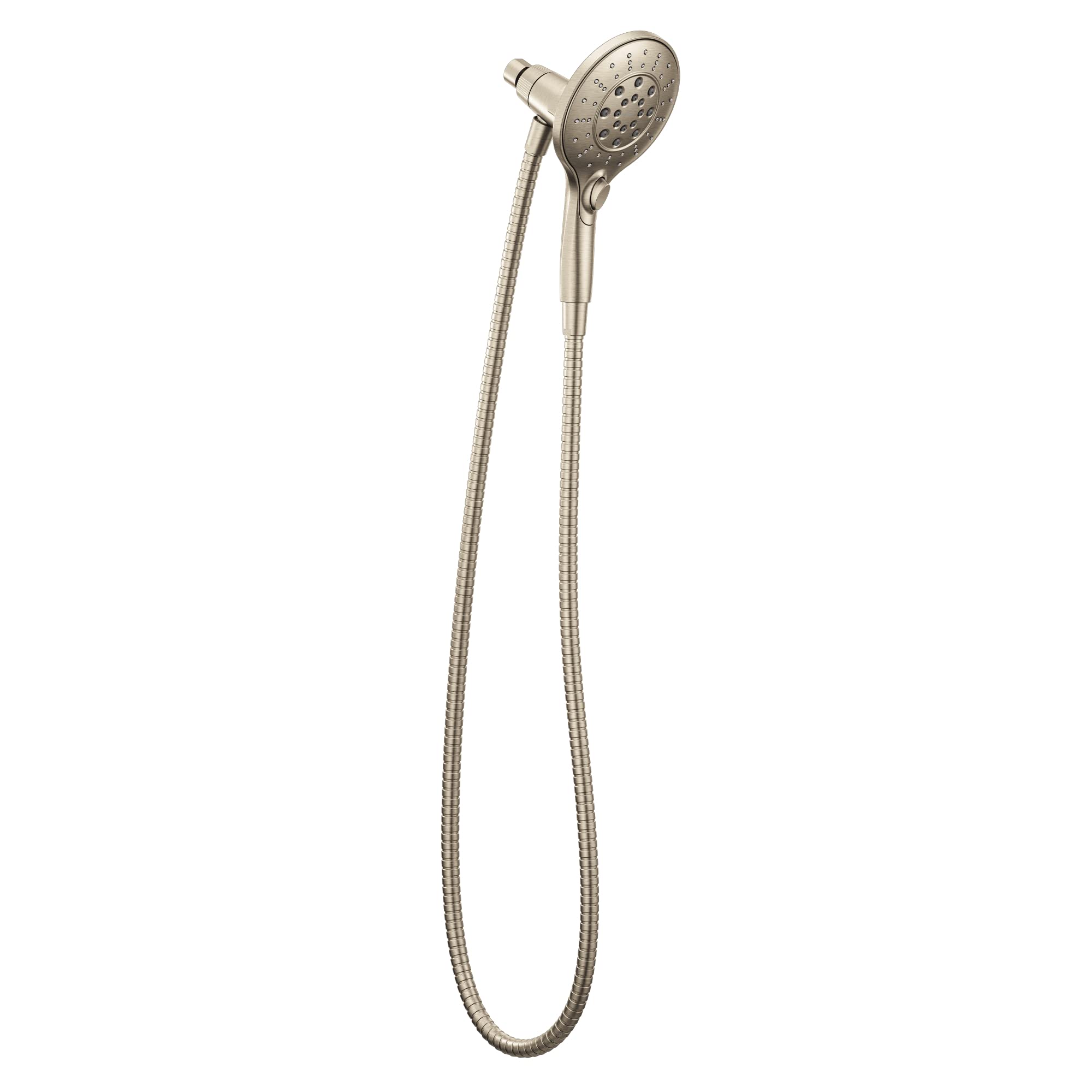 Brushed nickel handheld showerhead with perforated face connected to flexible hose and handle mount.