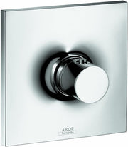 Chrome thermostatic shower trim with round handle on square white plate.