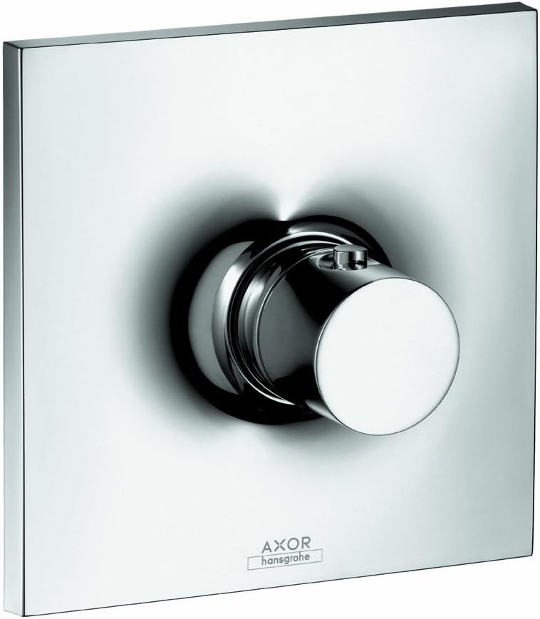 Chrome thermostatic shower trim with round handle on square white plate.