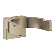 Brushed nickel robe hook with curved hook design and rectangular wall-mounted base plate.