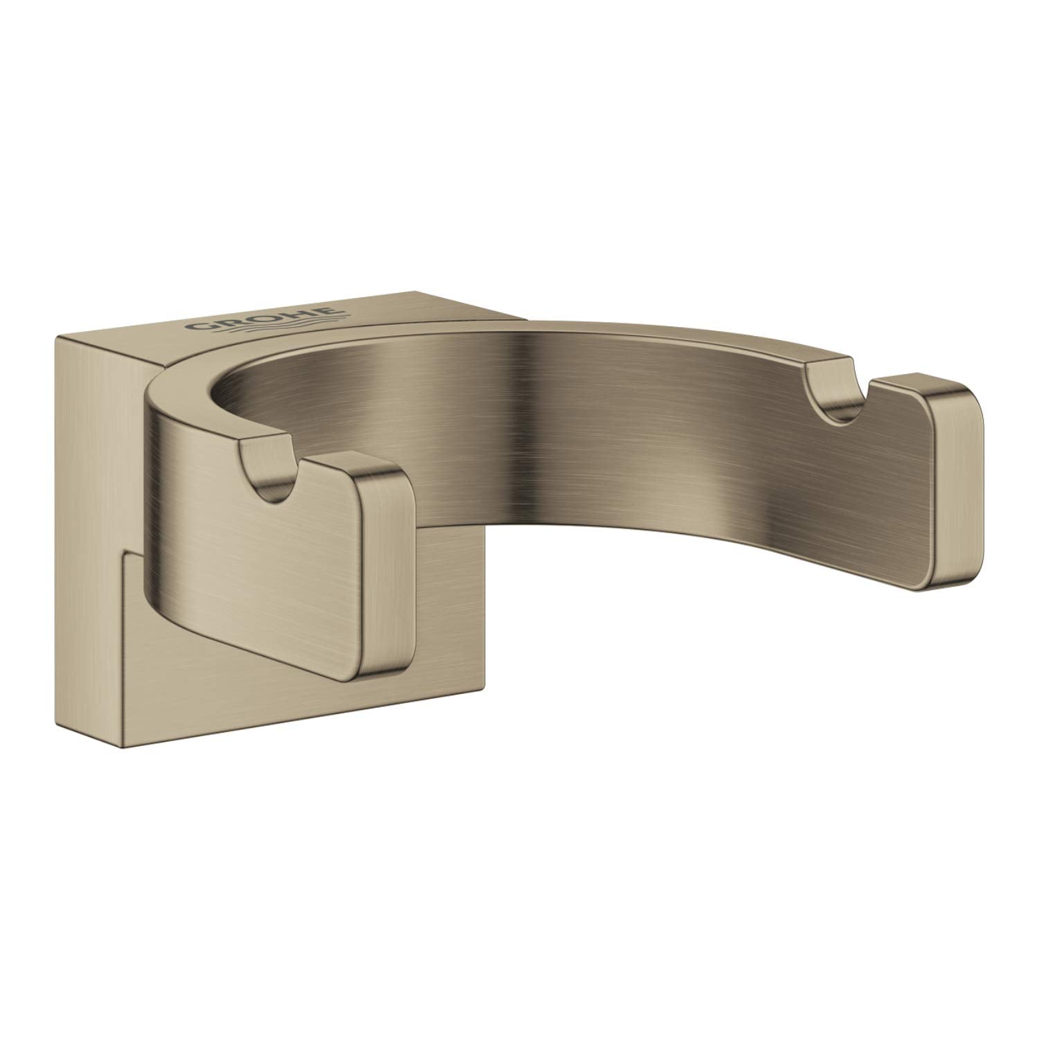 Brushed nickel robe hook with curved hook design and rectangular wall-mounted base plate.