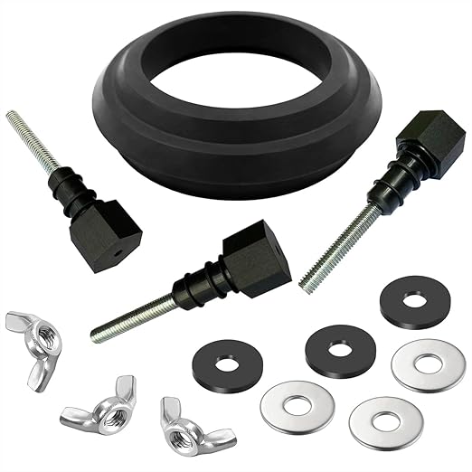Black rubber gasket, threaded bolts, wing nuts, and washers for Mansfield toilet tank-to-bowl connection.