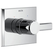 Delta Pivotal Monitor 14 Series valve trim with square white escutcheon plate, chrome lever handle, and temperature indicator