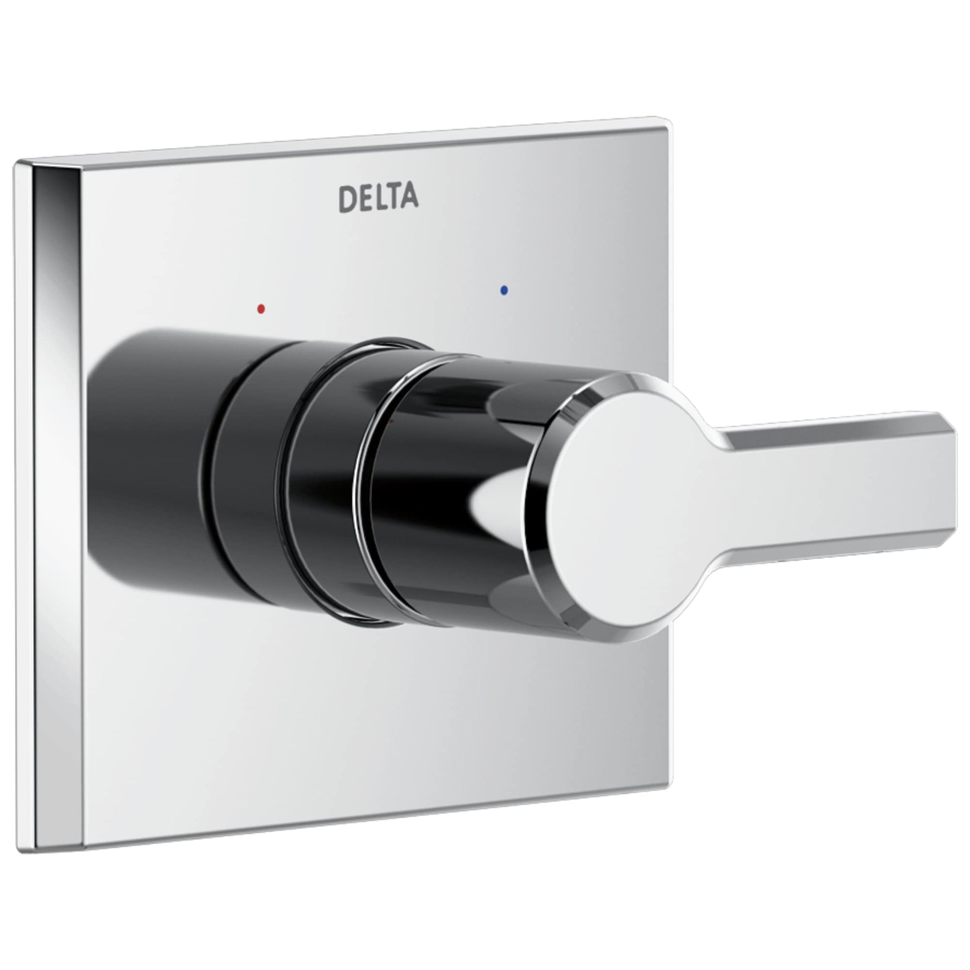 Delta Pivotal Monitor 14 Series valve trim with square white escutcheon plate, chrome lever handle, and temperature indicator