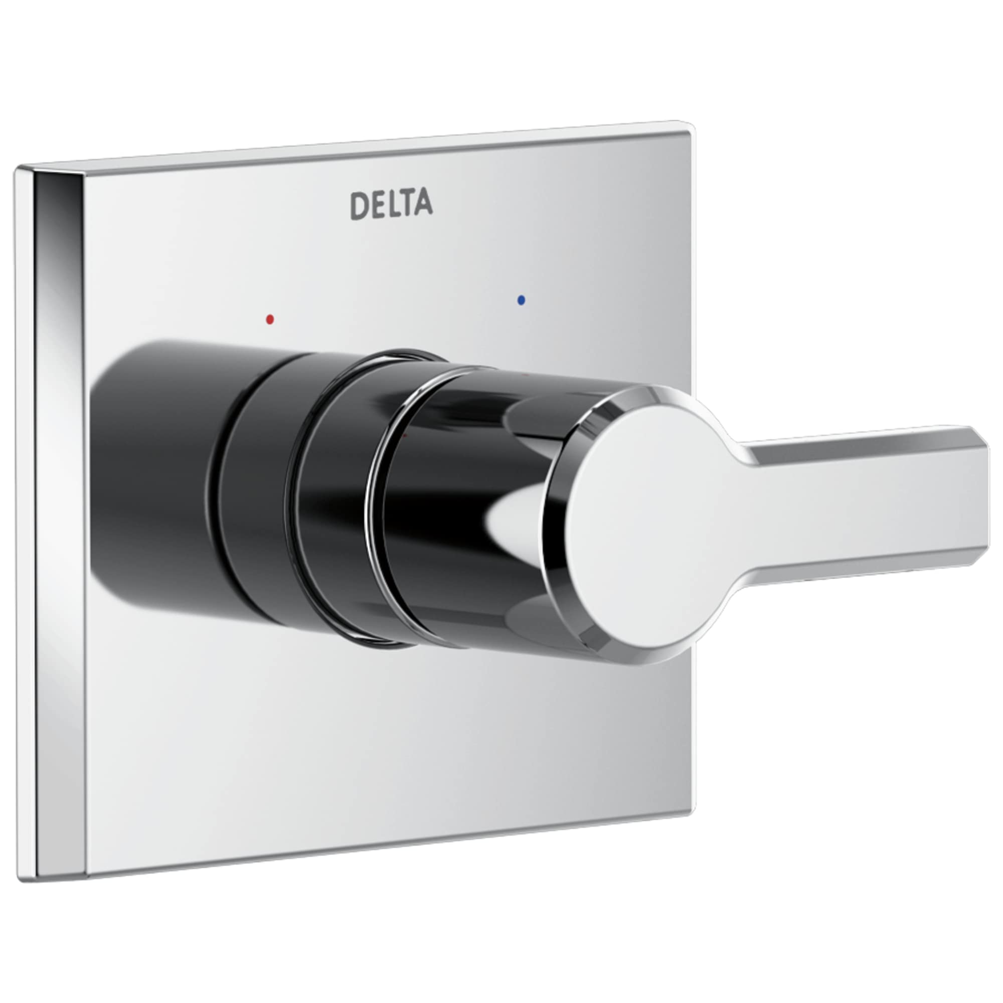Delta Pivotal Monitor 14 Series valve trim with square white escutcheon plate, chrome lever handle, and temperature indicator