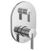 Chrome shower trim with two handles and integrated transfer valve mounted on oval plate.