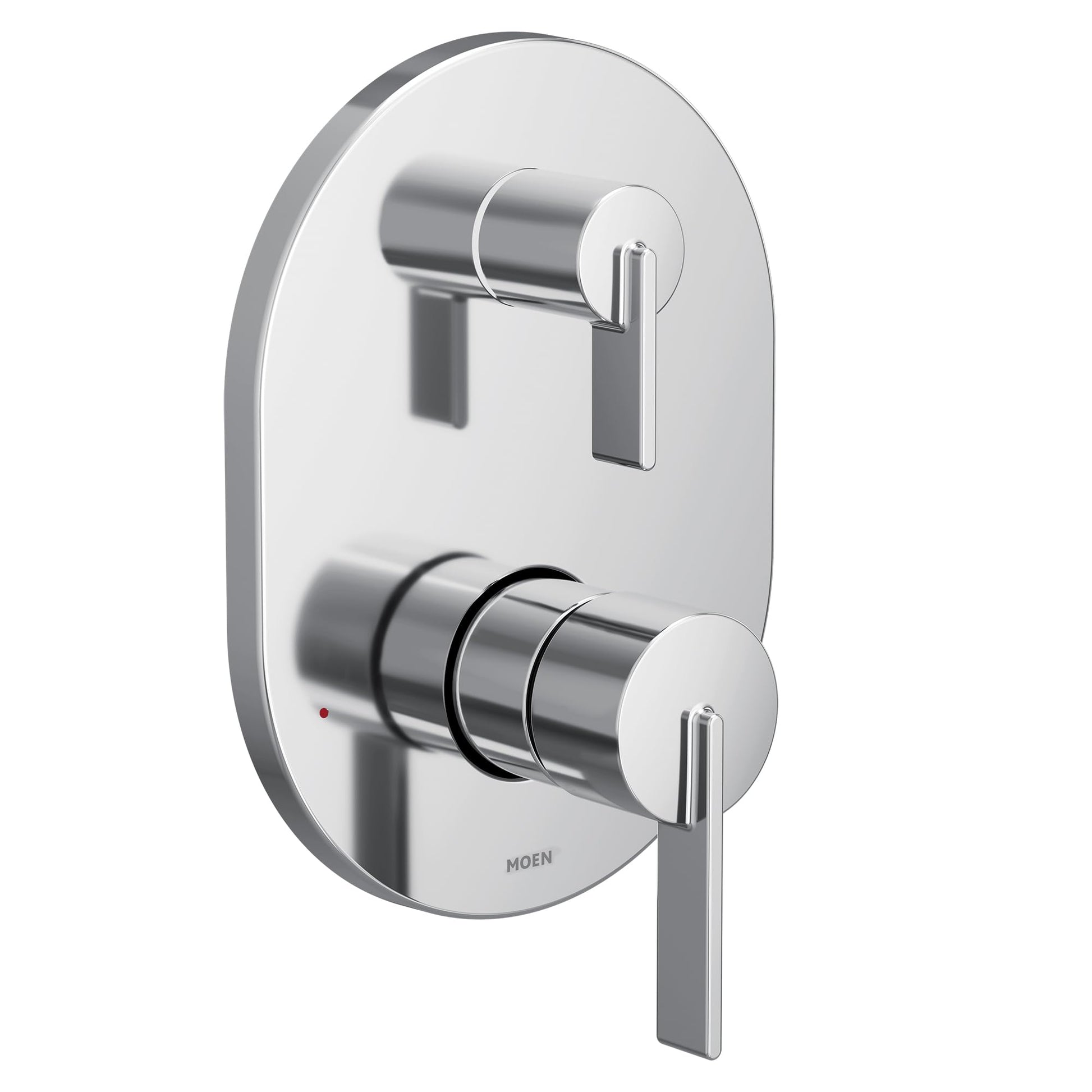 Chrome shower trim with two handles and integrated transfer valve mounted on oval plate.
