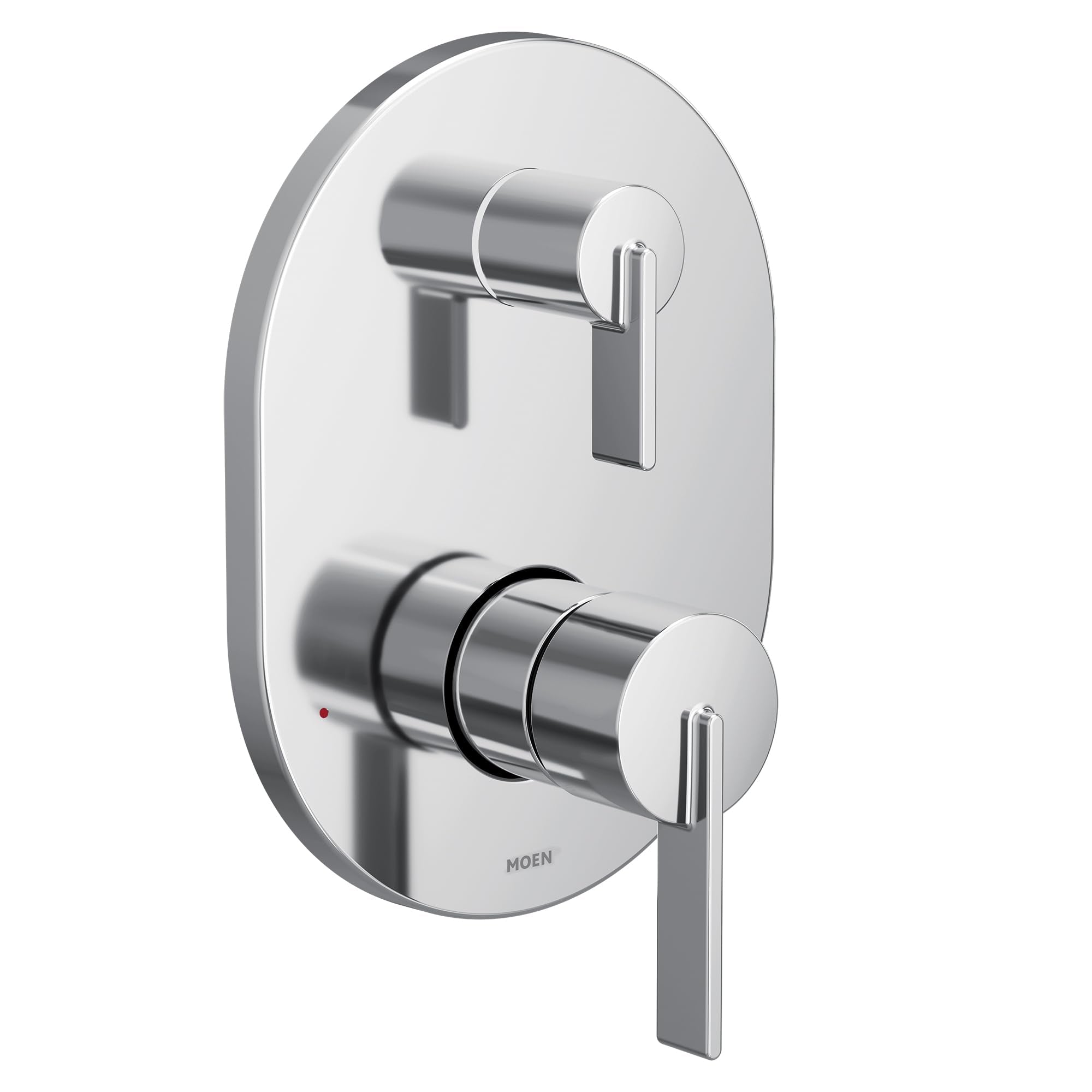 Chrome shower trim with two handles and integrated transfer valve mounted on oval plate.