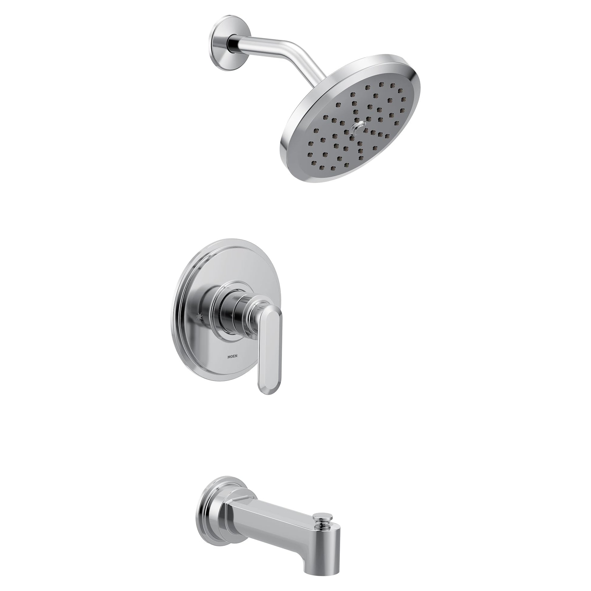 Chrome shower trim set with wide showerhead, lever handle, and tub spout.