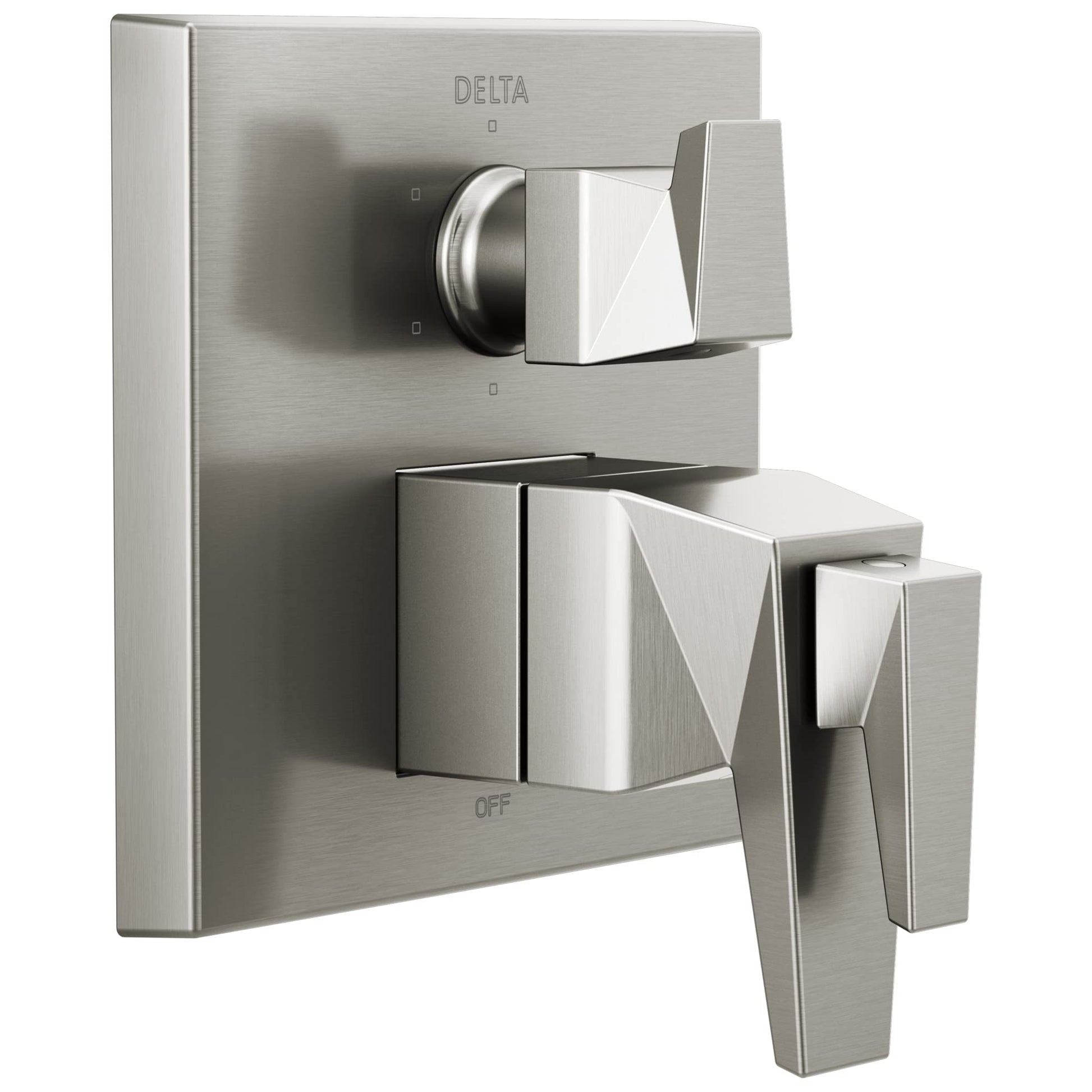 Brushed nickel two-handle shower valve trim with upper diverter lever and lower temperature control handle.