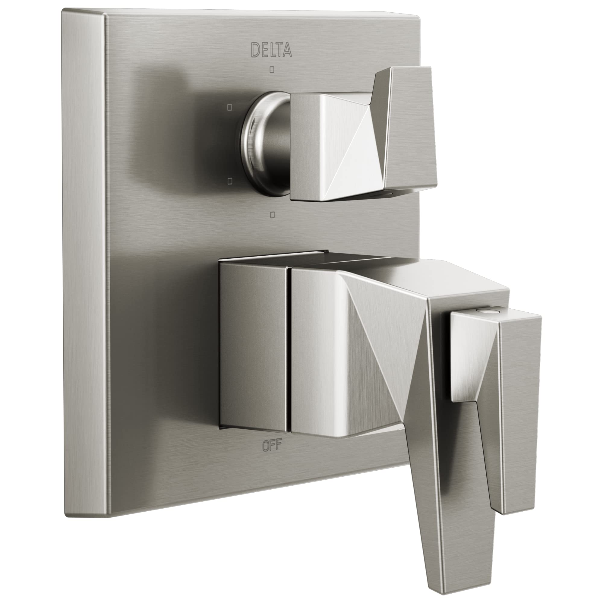 Brushed nickel two-handle shower valve trim with upper diverter lever and lower temperature control handle.