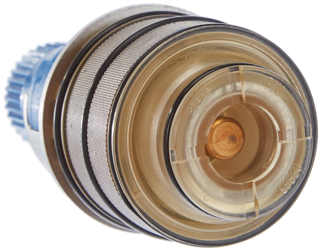 Grohe 3/4" thermostatic compact cartridge with layered brass and metal components and blue connector piece.