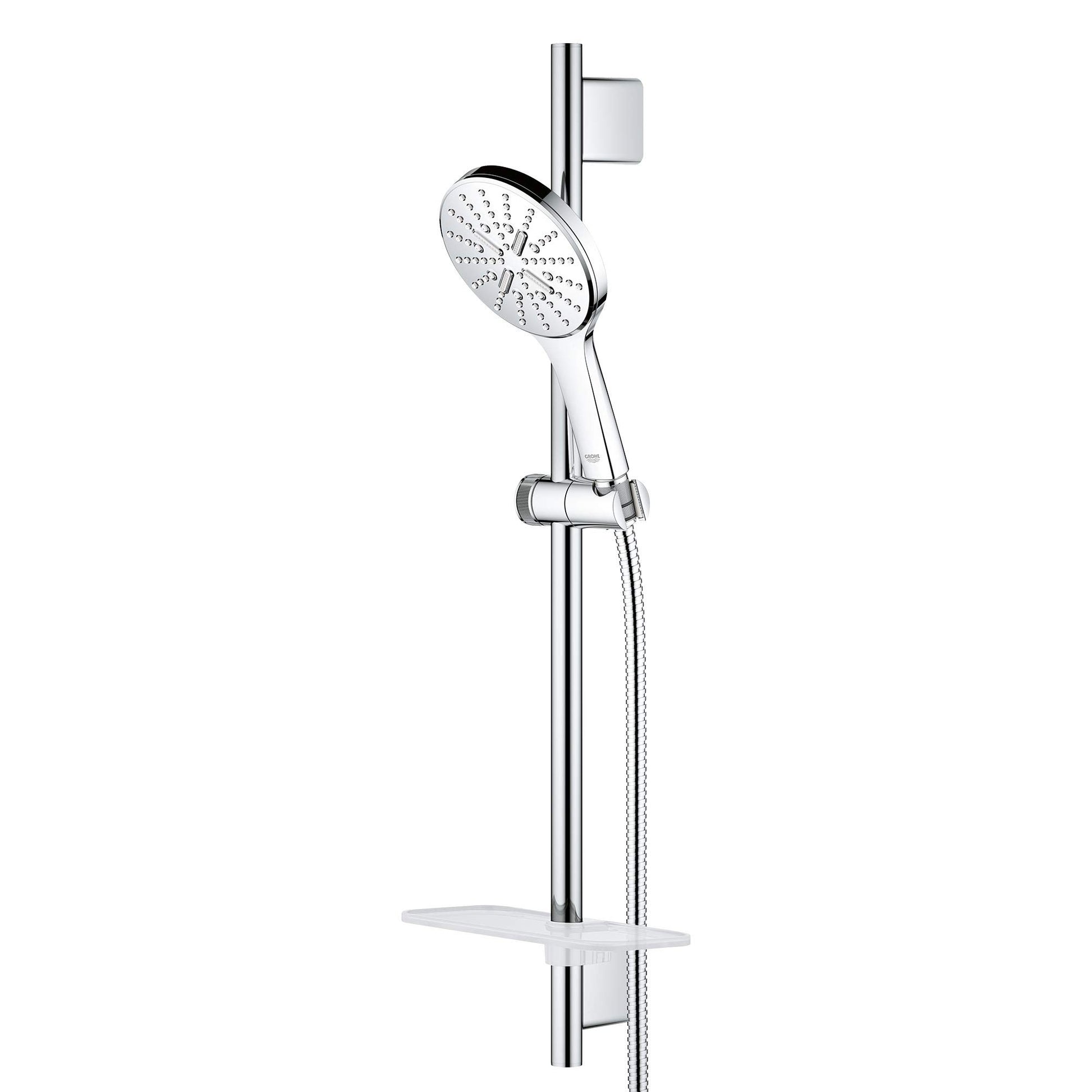 Chrome shower slide bar kit with round perforated showerhead, hand shower, and adjustable mounting bracket.