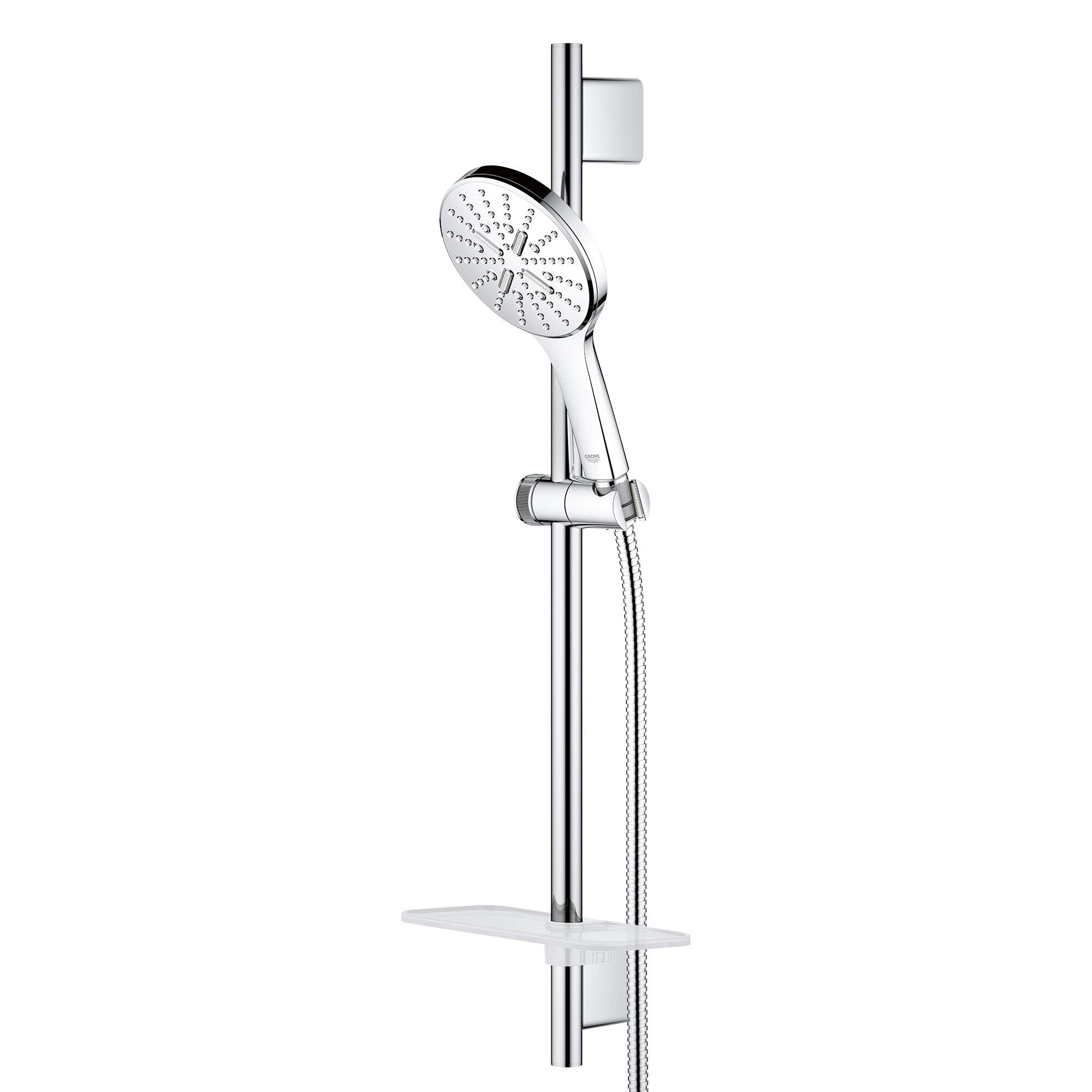 Chrome shower slide bar kit with round perforated showerhead, hand shower, and adjustable mounting bracket.