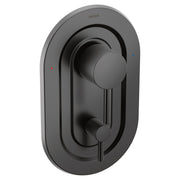 Matte black shower valve trim with round escutcheon plate, upper circular handle, lower lever diverter, and temperature indic