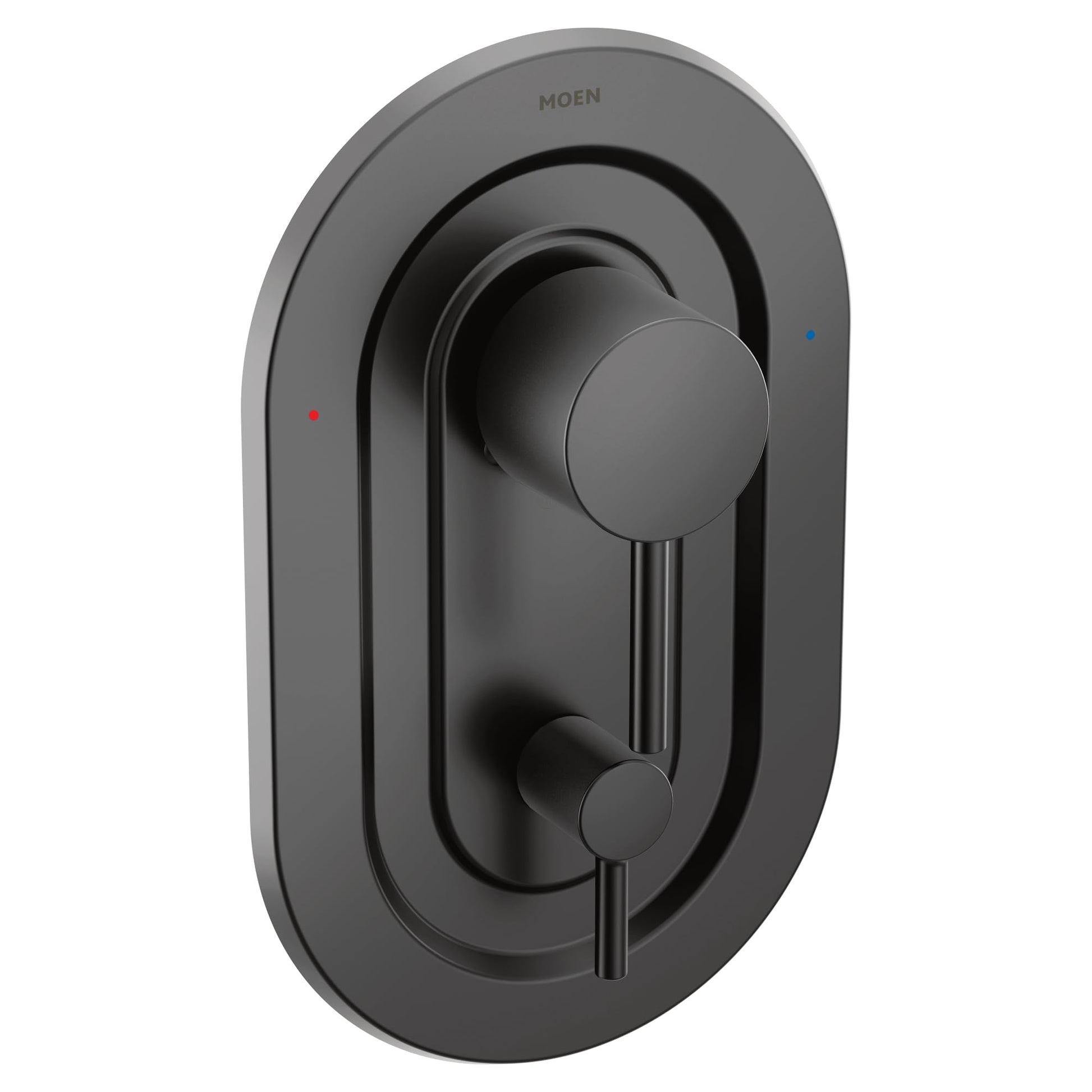 Matte black shower valve trim with round escutcheon plate, upper circular handle, lower lever diverter, and temperature indic