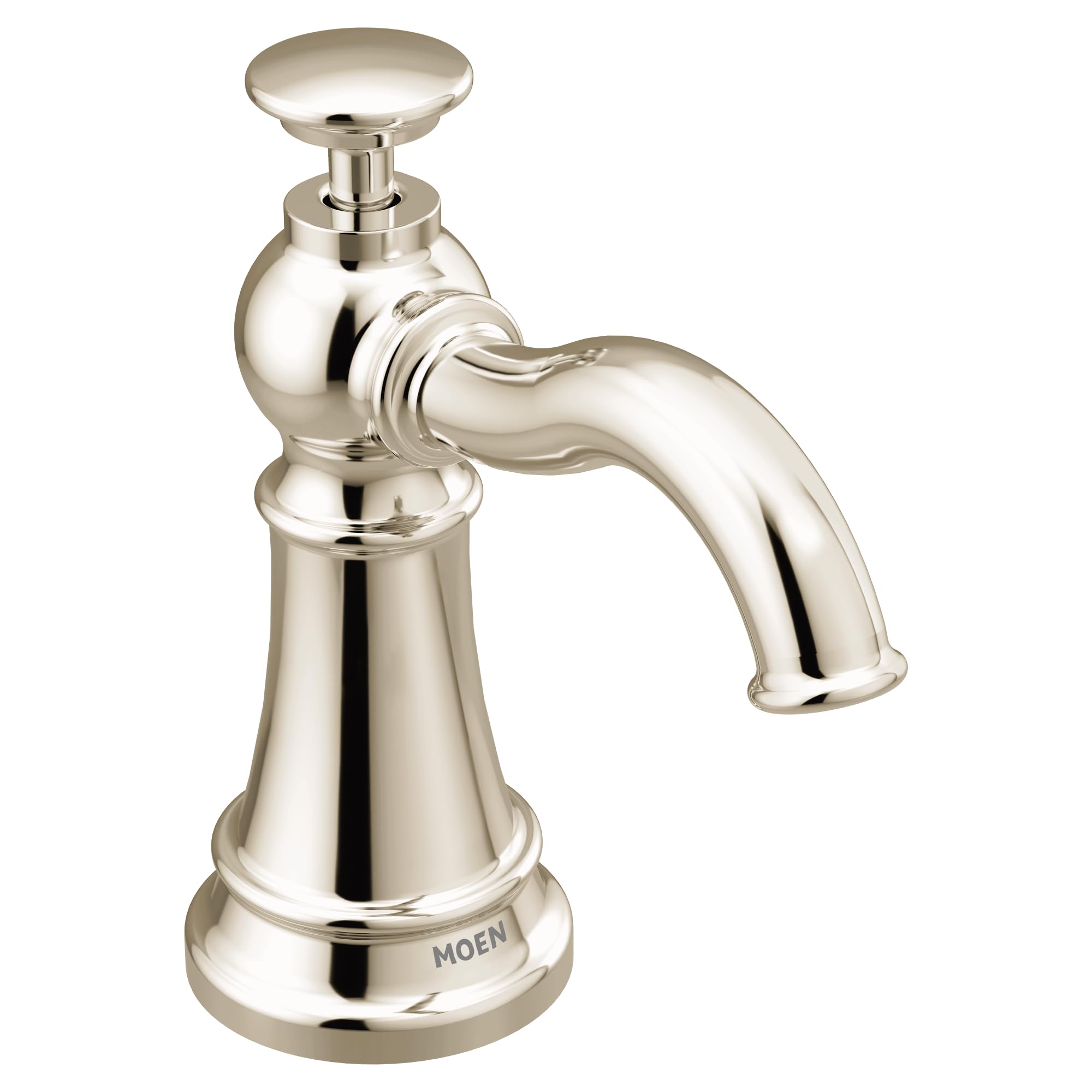 Polished nickel kitchen soap dispenser with curved spout and domed pump head on cylindrical base.