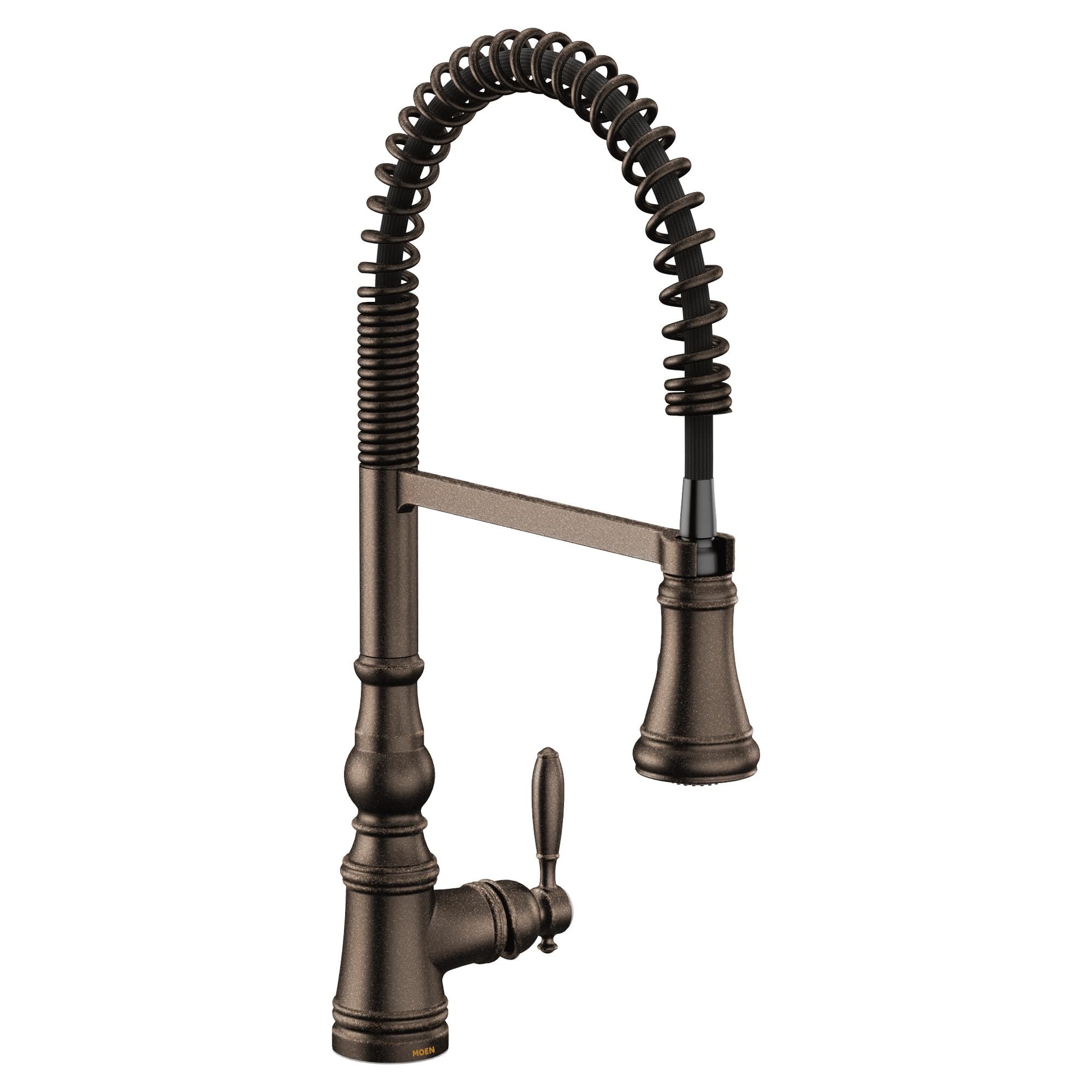 Oil rubbed bronze kitchen faucet with coiled spring pulldown spout and single handle lever control.